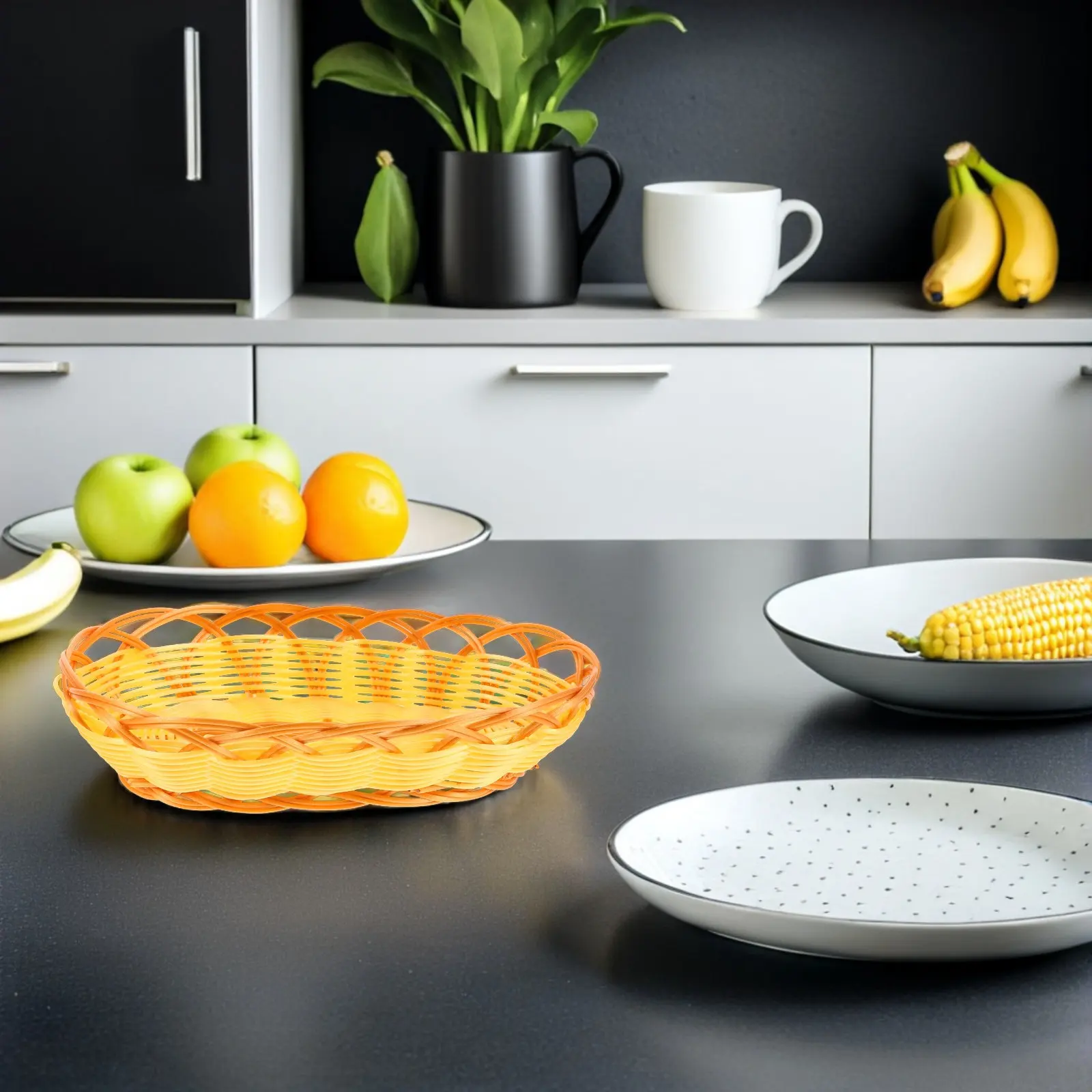 5Pcs Lightweight Woven Oval Bread Basket 21Cm Simulation Rattan Plastic Serving Tray for Snacks Pastries Fruits Vegetables Fast