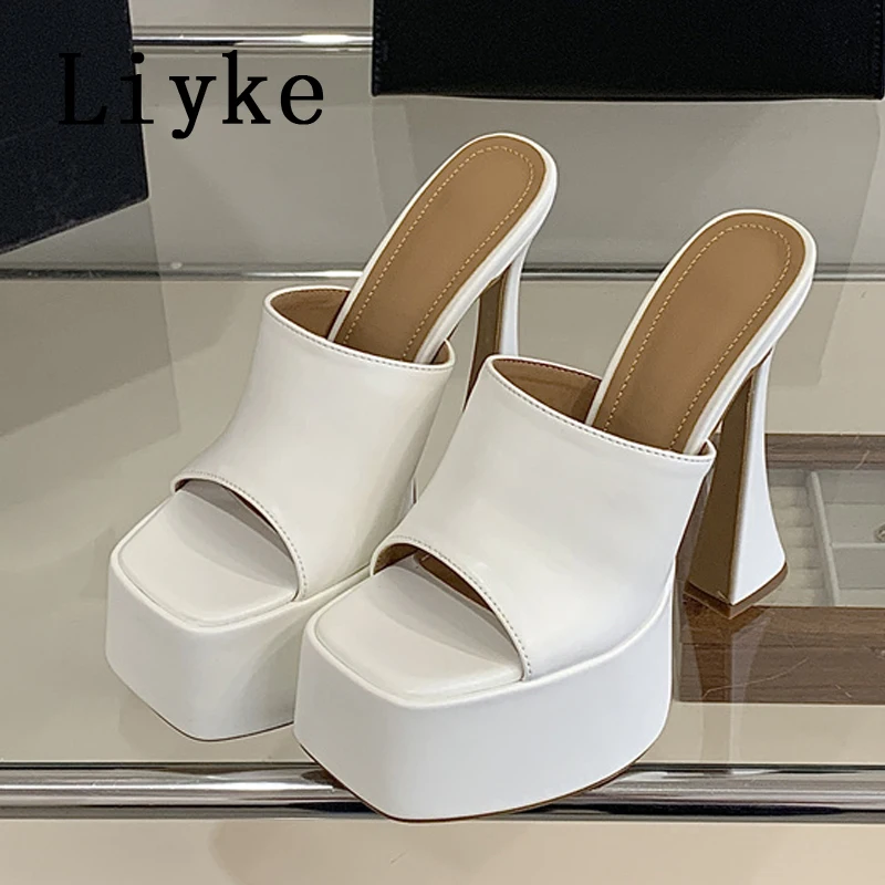 Liyke Sexy Weiße High Heels Plateau-Slipper für Damen, Bequeme PU-Leder Schuhe mit Eckiger Spitze, Festliche Damensandalen, Zapatos De Mujer