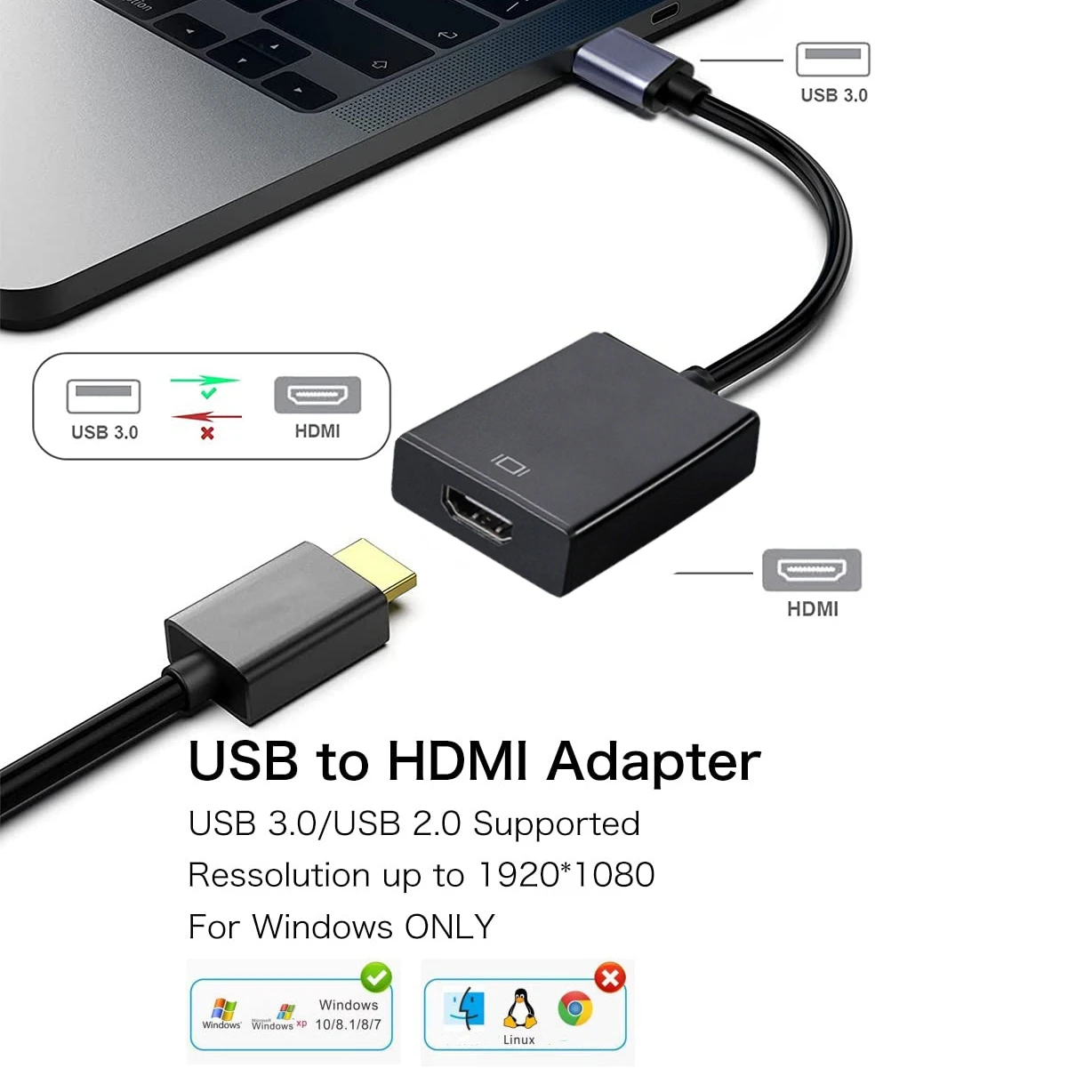 1080P USB 3.0 to HDMI-Compatible Converter Multi Display Graphic Adapter for PC Laptop Projector HDMI External Video Card