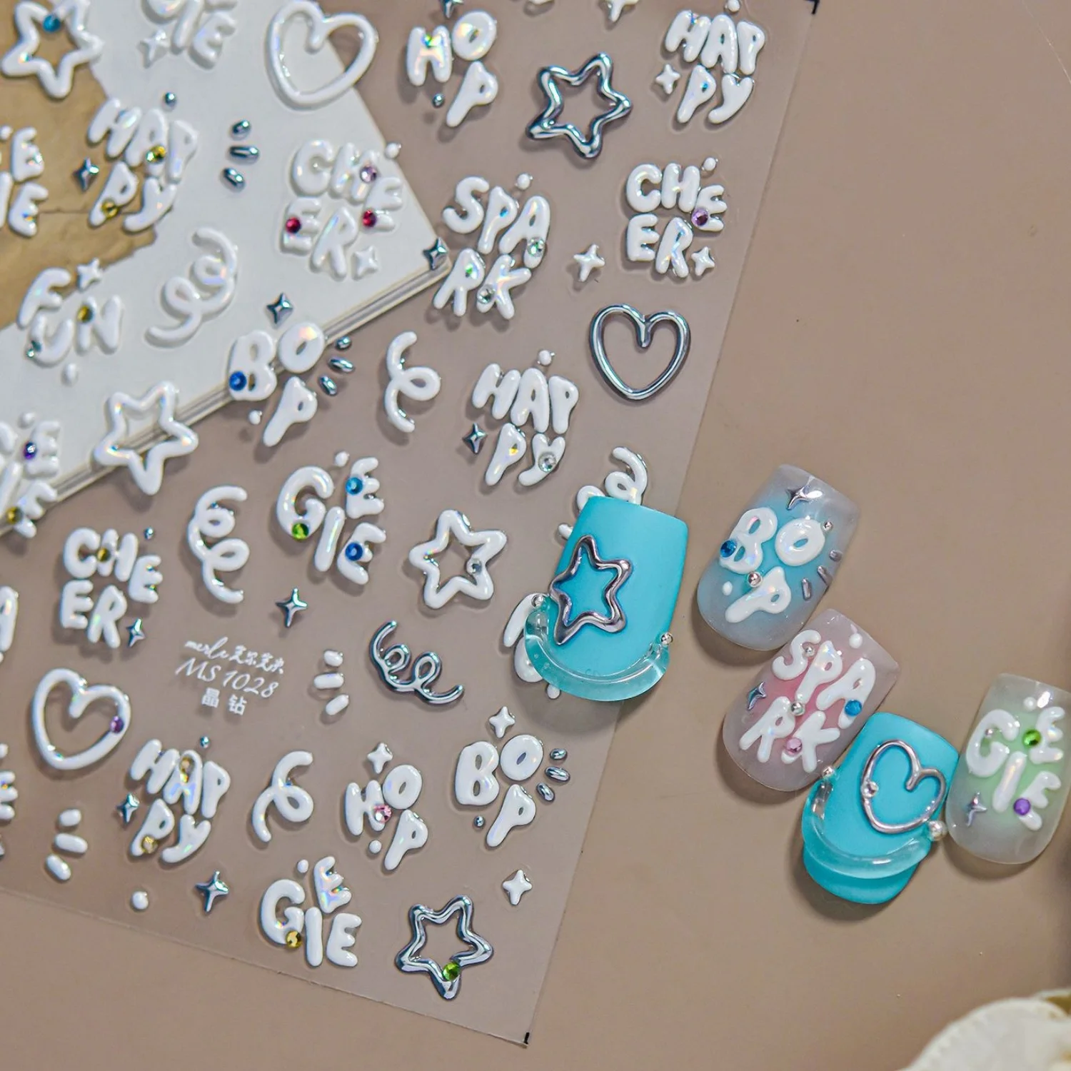 Hollow Round Bubble Font SPARK HAPPY CHEER Curly Line 5D Nail Stickers Heart Spark Star Twisted Decor Lines Self Adhesive Decal