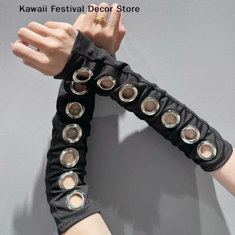 【K】Gothic Punk Women Fingerless Gloves Rivet Oversleeve Black Cuff Cosplay Hip Hop Fashion Girls Halloween Costumes Accessory