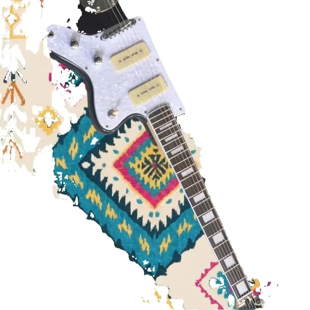 Black guitar, white P90 pickups, sunset  guitar, SSS pickups, metallic blue guitar, yellow P90 pickups, red turtle shell pickgua