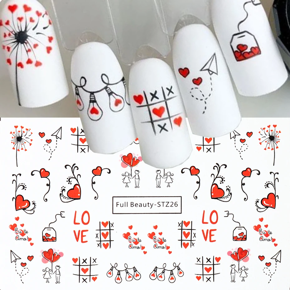 Adesivos de unhas dos namorados amor coração decoração decalques de transferência de água dos desenhos animados bonito urso slider tatuagem design folhas manicure