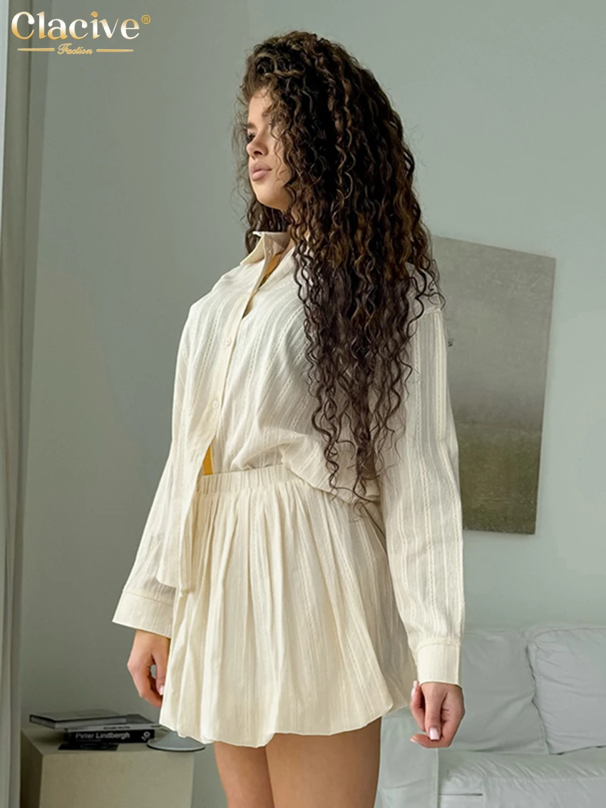 Clacive Fashion Loose Beige Cotton 2 Pieces Set For Woman 2025 Elegant Long Sleeve Shirt With High Waist Pleated Mini Skirt Set