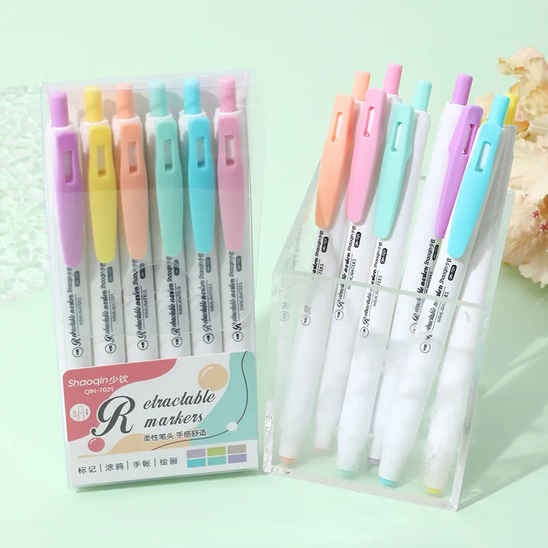

6Pcs/Set Retractable Highlighters Macaron-Colored Student Markers Emphasize Key Points Note-Taking Journaling Marker Pen