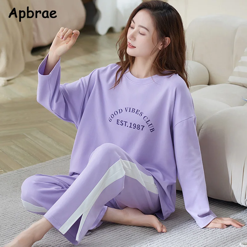 Autumn Long Sleeves Full Pants Cotton Pajamas for Women Leisure Leaf Print Sleepwear Fashion Nightwear Girls Homewear