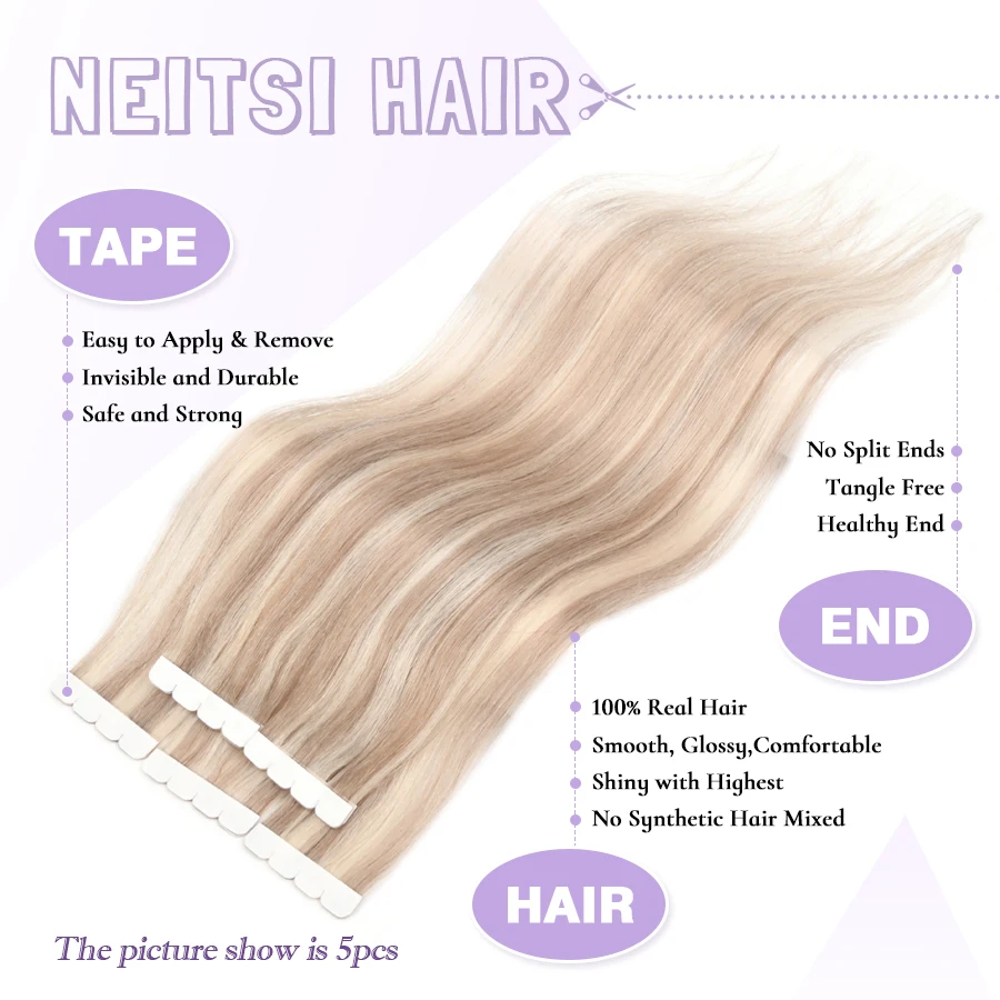 Neitsi Mini Tape In Human Hair Extensions Balayage Natural Seamless Adhesive Real Hair Invisible Tape Ins Human Hair Extensions