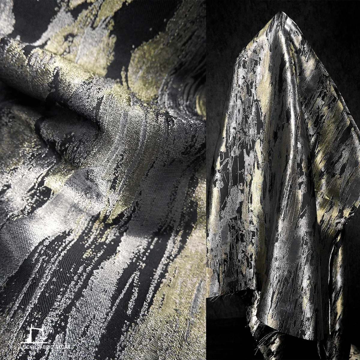 

Gold and silver brush pattern, dark grain, structured texture, fabric, dress, Hanfu jacket, skirt, jacquard designer fabric