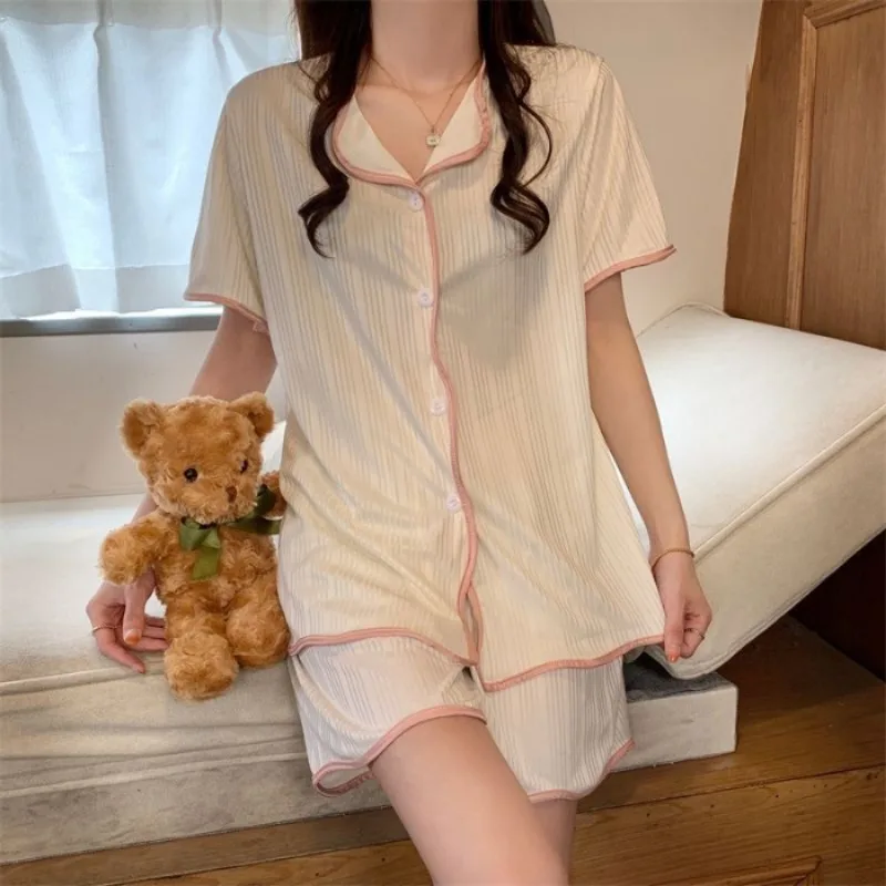 2XL Plus Size Pajamas Set Women Summer Student Loose Loungewear Korean Trend Bear Short Sleeved Shirt and Shorts Two-piece Pj