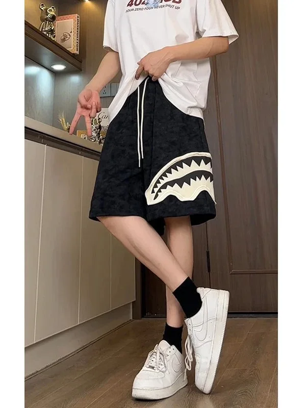 

Американские шорты с принтом Ark Mouth Patch, мужские, свободные, прямые, тонкие, летние, пляжные, из смесового хлопка и полиэстера, удобные, повседневные