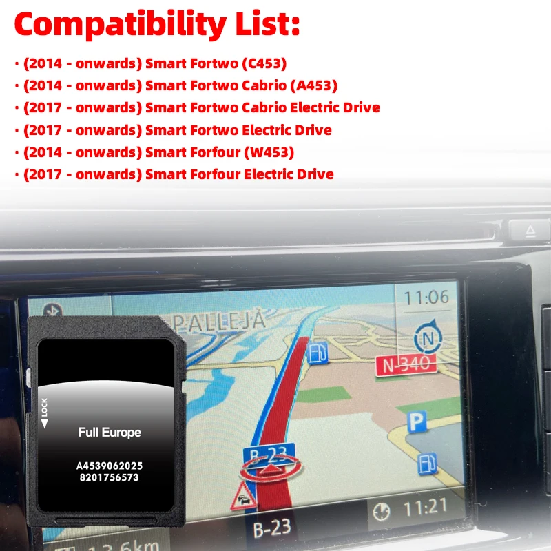 for Smart 453 Mit Cool & Media Navigation Car 2025 GPS SD Card Sat Nav A4539062025 System Update Map Full Europe Accessories