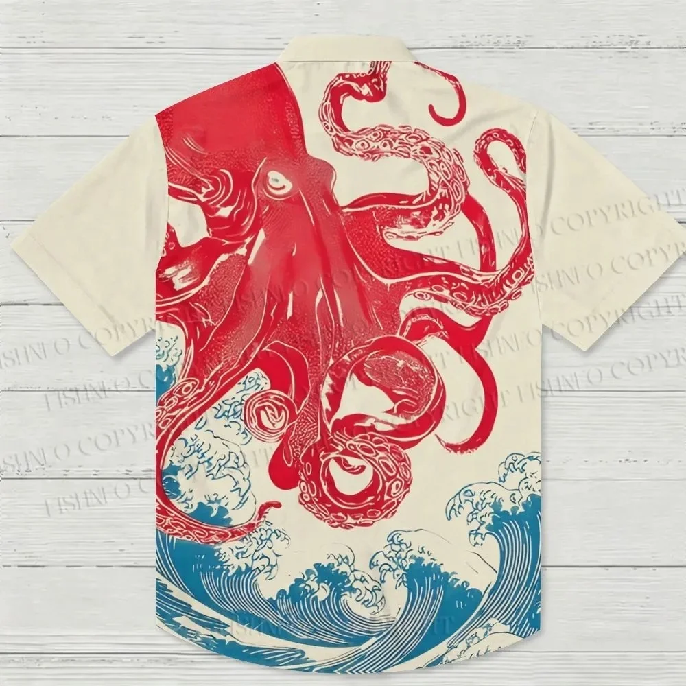 Octopus In Wave Japanese Ukiyo Printed Button Up Shirt 3D Pattern Style Men's Hawaiian Shirt