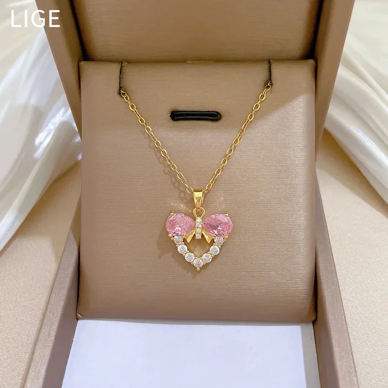 Rhinestone Heart Women Pendant Necklace Clavicle Choker Chain Party Accessories Delicacy Gifts Bowknot Love Necklace Jewelry