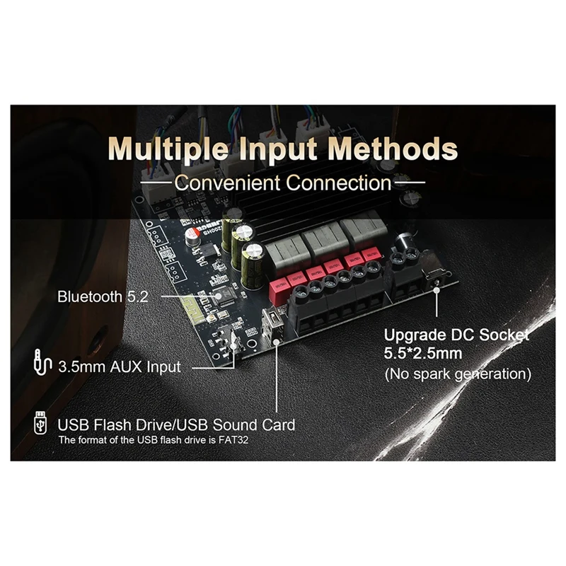 FFYY-ใหม่ S200HS-W Bluetooth 5.2 ซับวูฟเฟอร์เครื่องขยายเสียงดิจิตอล 2.1 ช่อง 100W + 100W + 200W แรงดันไฟฟ้ากว้าง 12-24V สเตอริโอ Hifi