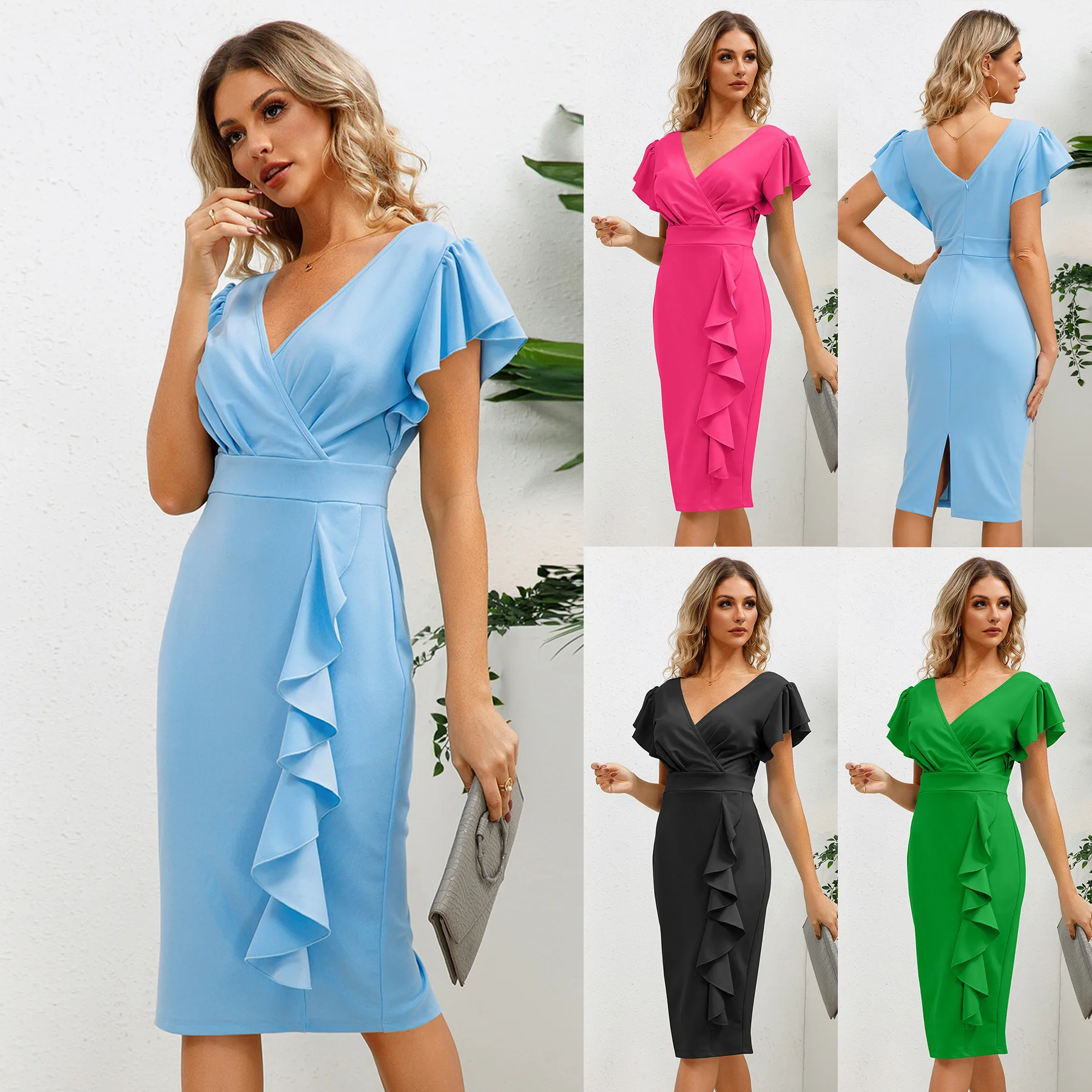 

Office Lady Solid Color Elegant Mid-length Dress Women's V-neck Ruffle Edge Slim Fit Style Dresses 2024 Summer New