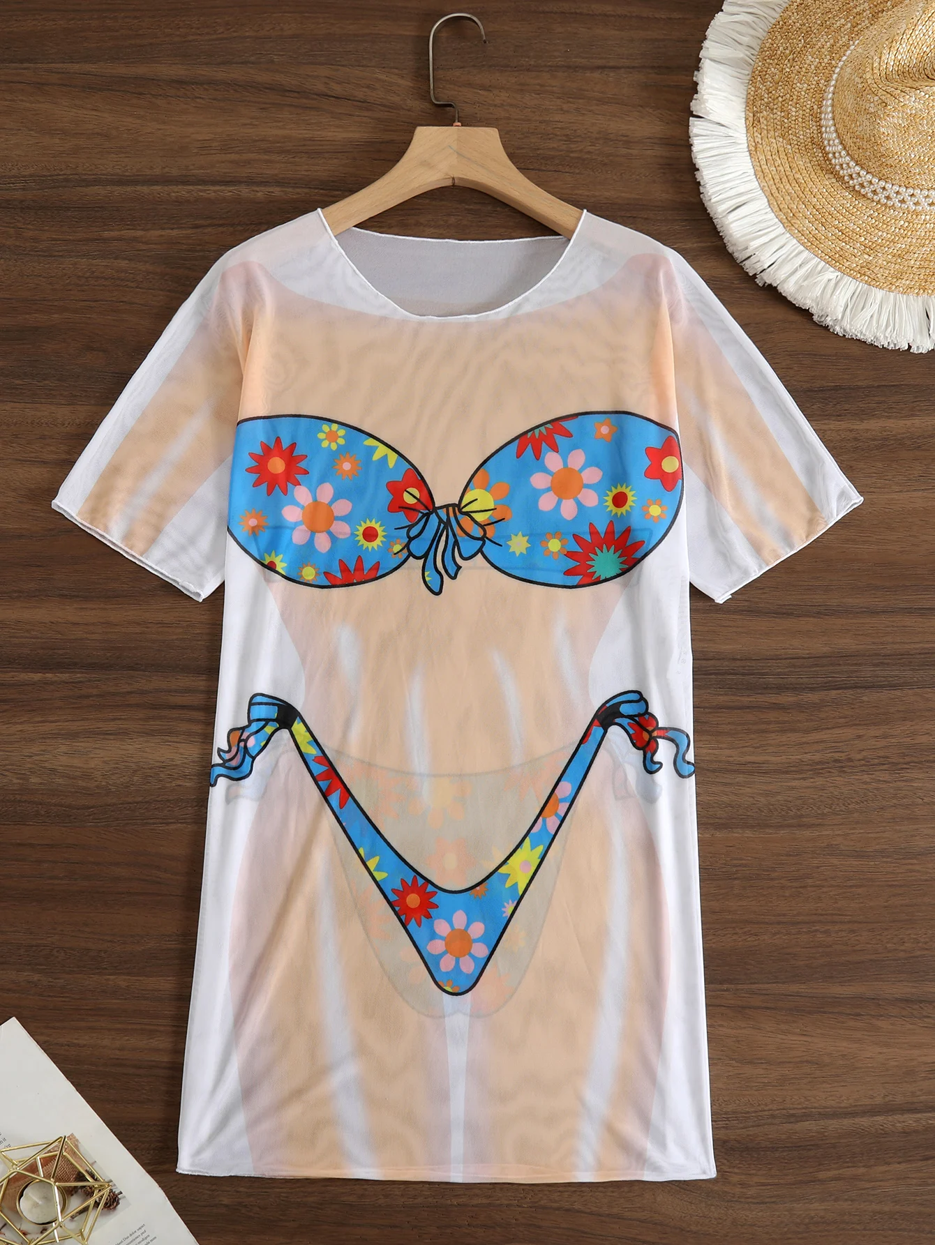 

Пляжная накидка-бикини для женщин, синяя с цветочным принтом, подходит для горячих источников, отпуска, вечеринок, пляжная накидка для женщин