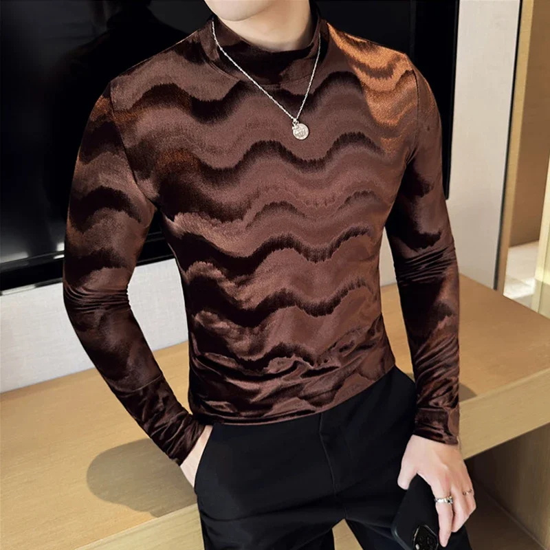 Velvet Luxury Mock Neck Gradient Wavy T Shirt for Men Long Sleeved Korean Fashion Men's Tshirt Club Prom Slim Fit T-Shirts Tops