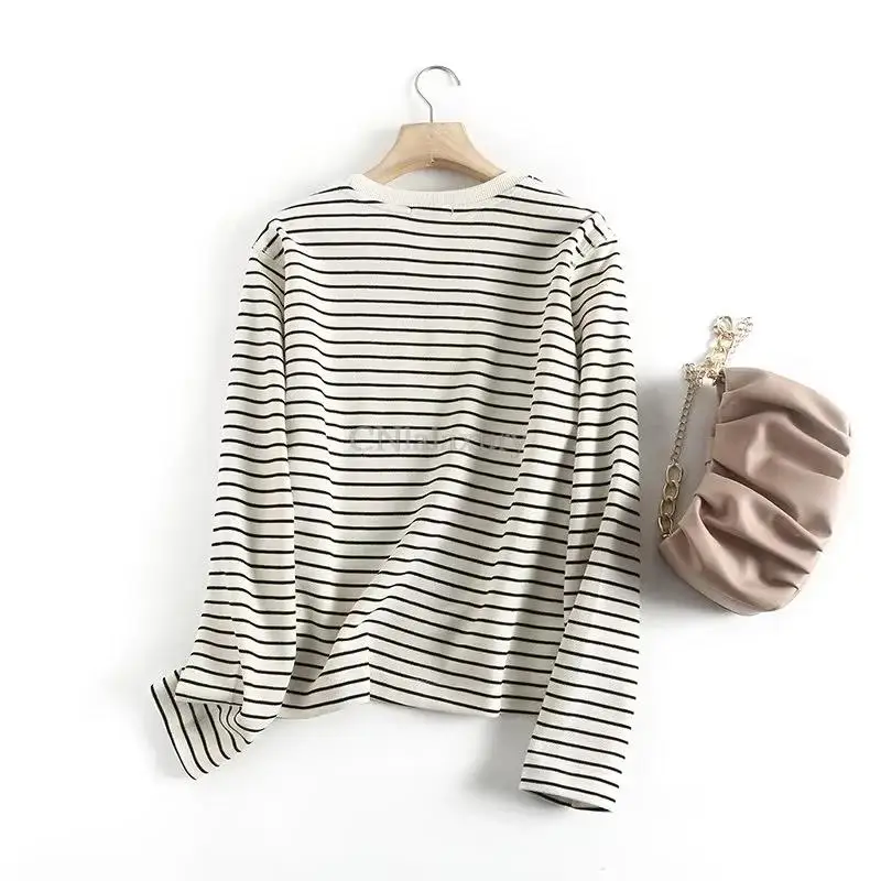 CNlalaxury  Woman Spring Autumn Casual Striped T-shirt Round Neck Simple Pullover Long Sleeve O-neck T-shirts Commuter Basic Top