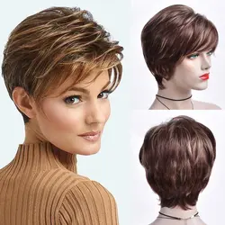 Short Brown Synthetic Wig for Women Pixie Cut Hairstyle Mommy Daily Hair Ombre Heat Resistant Cosplay Party Wig for Lady