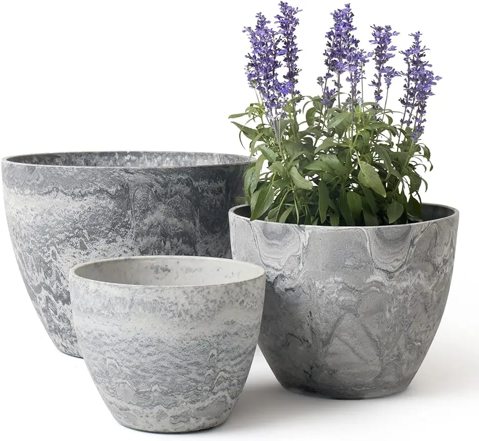 

Round Planter,Large Planters Set of 3,Grey Plant Container with Drain Holes,Tree Flower Plant Pots for Patio and Deck