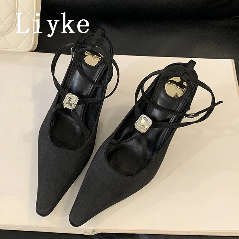 

Liyke 2025 Spring Pumps Women Shoes Fashion Crystal Diamond Design Buckle Strap Stiletto Sandals Sexy Pointed Toe Stripper Heels