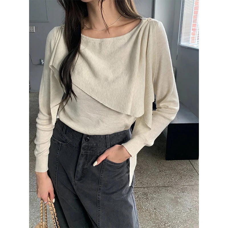 Elegant Cropped Sweater Women Fashion Patchwork Knitted Pullovers Korean Long Sleeve Knitwears Winter Slim Design Jumpers New