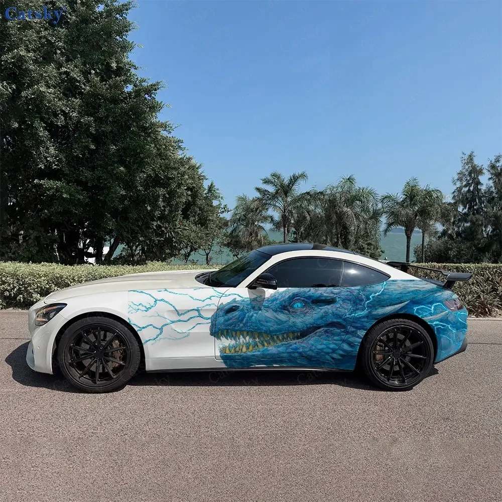 2pcs Blue Dragon with Lightning Car Side Wraps, Self-Adhesive PVC Waterproof & Scratch-Resistant Stickers, Car Accessory Gift