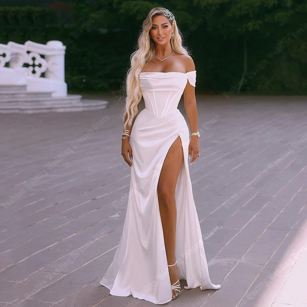 Sexy Off Shoulder A-Line Vrouwen Trouwjurken Sprankelend Satijnen Oppervlak Bruidsjurken Verlovingsbal Vestidos De Novia 2024