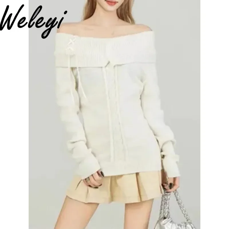 Kawaii Vintage Elegant Streetwear Knitted Pullovers Women Korean Fashion Sexy New Bow Bandage Slash Neck Slim Sweater Solid Chic