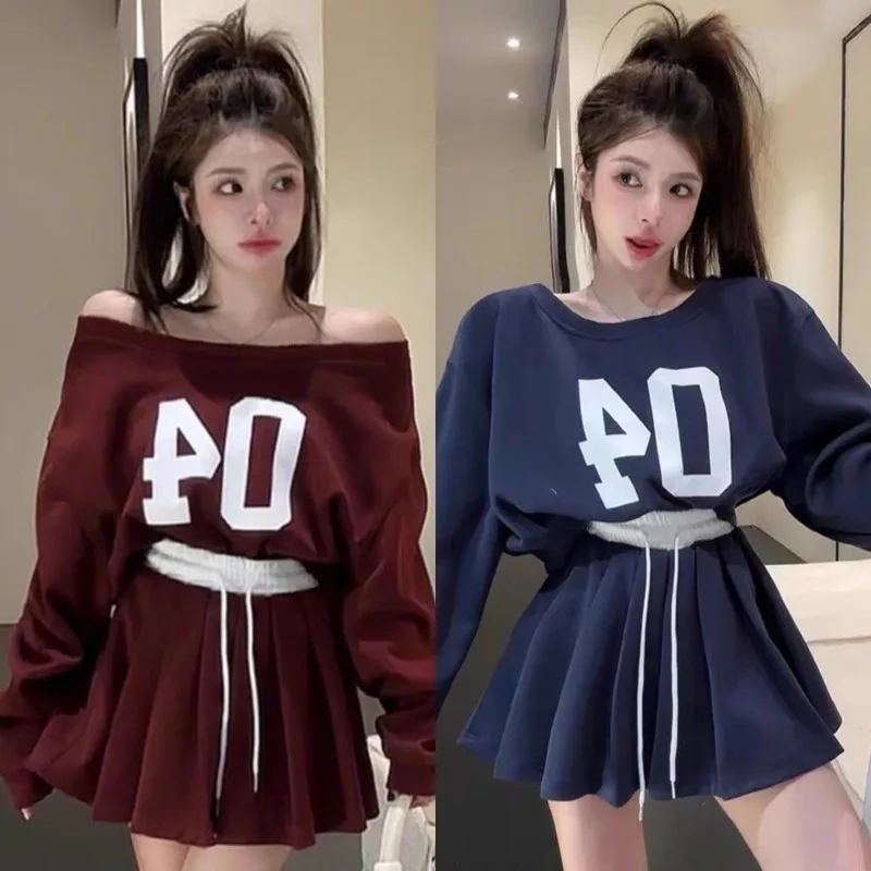 

Sweet Hot Girl Casual Suit Women's Autumn Off Shoulder Loose Pullover Drawstring Skirt Two-piece Set Fashion Female Clothes