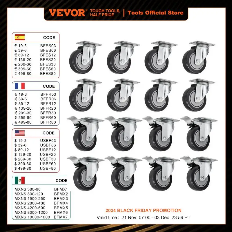 VEVOR 16-Pack Heavy Duty Polyurethane Caster Set 5In Wheels All Swivel All Brake Casters Non Skid No Mark 330 lbs 360° Rotation