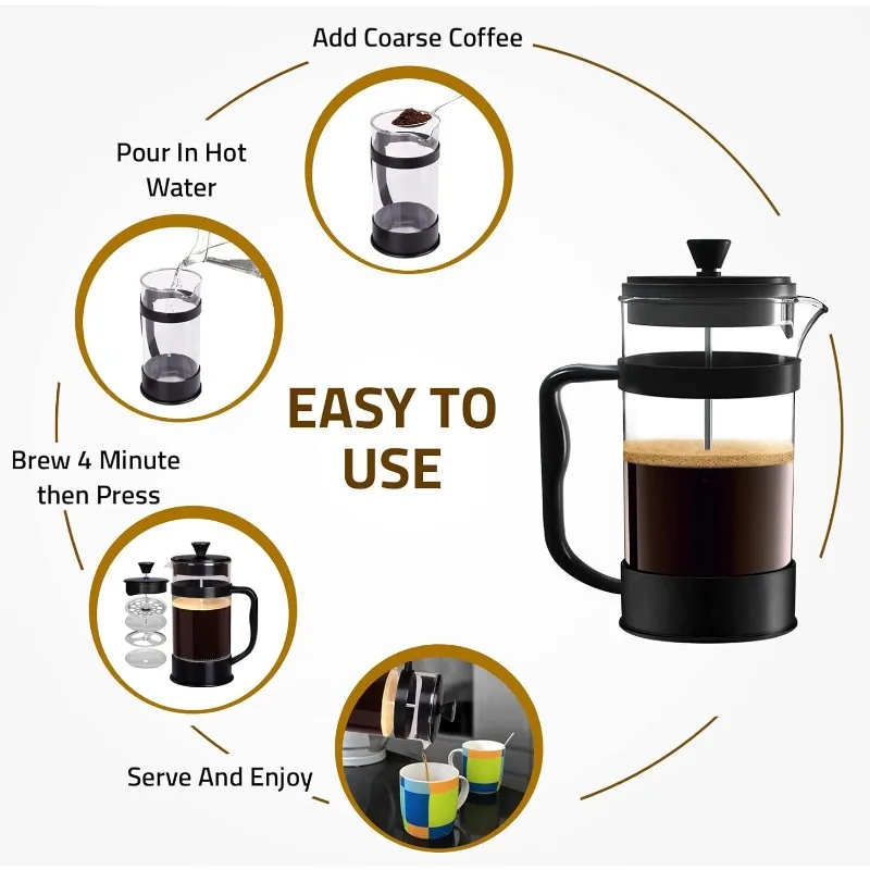 French Press Espresso Tea and coffee Maker with Triple Filters 34 Ounce, 1000 milliliters Stainless Steel Plunger