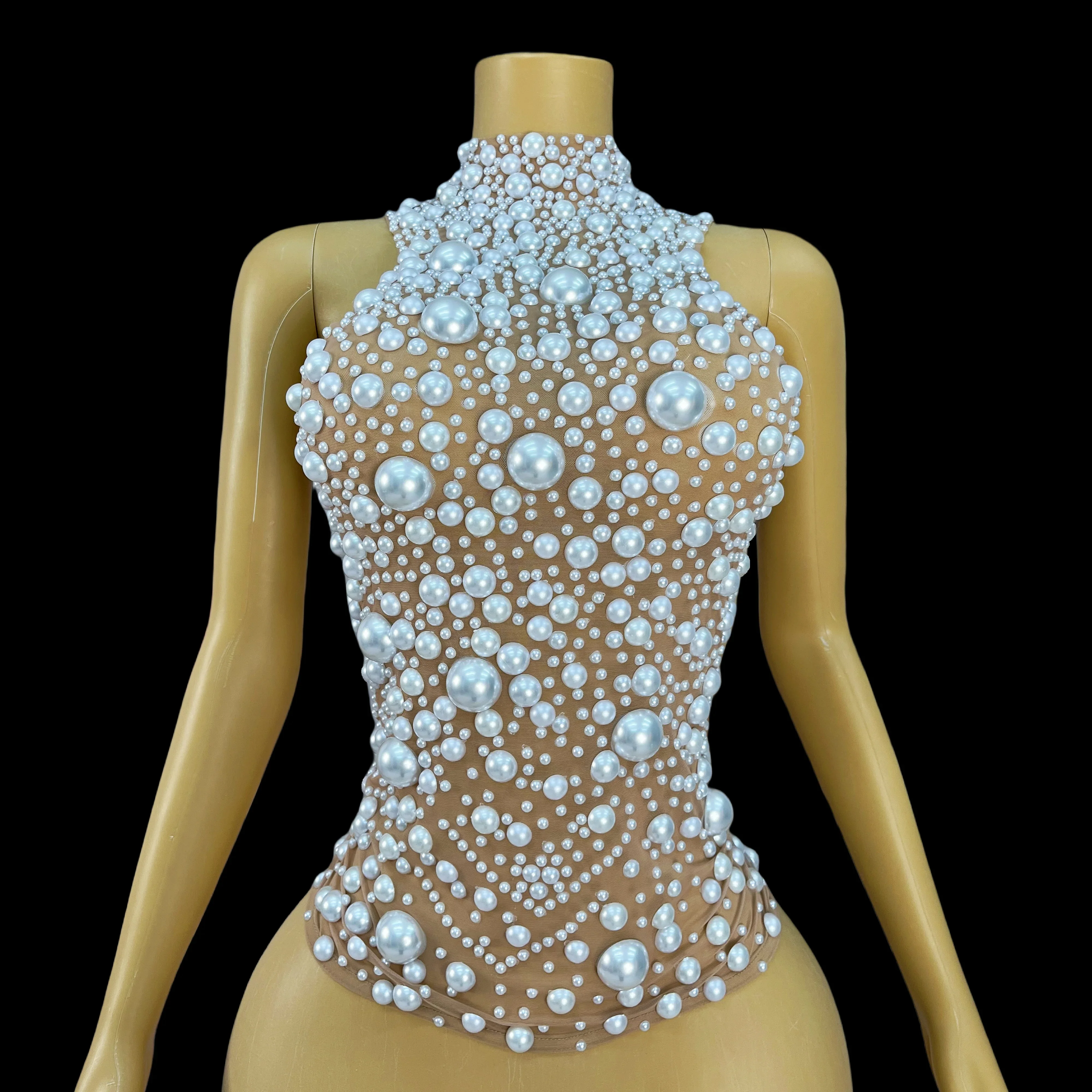 

Коллекция для вечеринки, блестящие стразы, сексуальная певица с открытой спиной, танцовщица, шоу, костюм для вечеринки, ночной клуб, бандажный топ с большим жемчугом