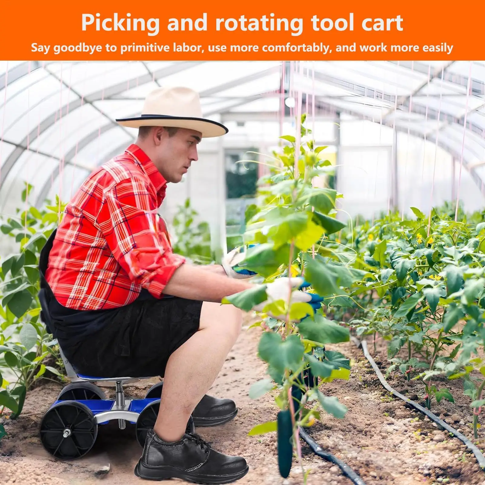 Asiento de jardín con ruedas, carrito de jardín ajustable con ruedas para plantar, silla de jardinería giratoria de 360 grados, bandeja de herramientas para exteriores