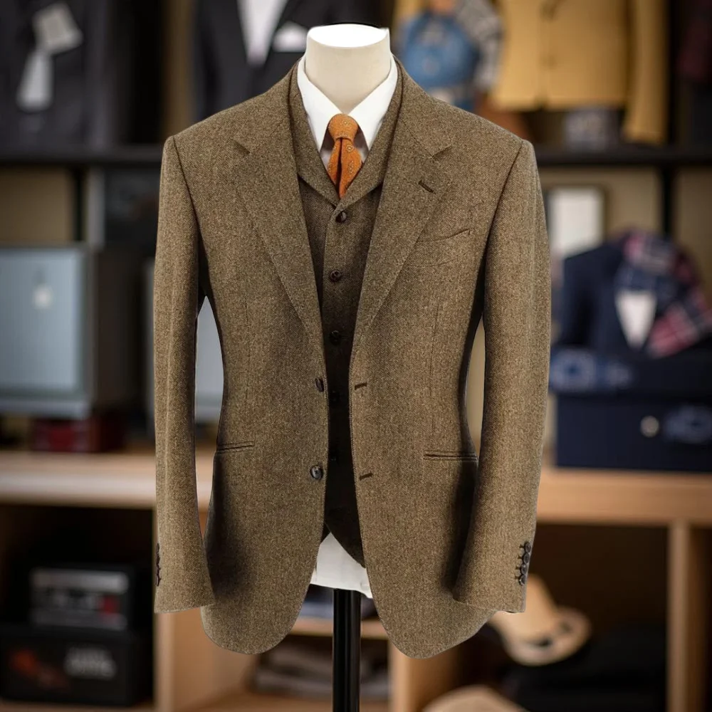 

Woolen Men Suits Slim Fit Wedding Groom Wear Tuxedo 3 Pieces Notched Lapel Business Suit Jacket with Pants Vest Custom Made
