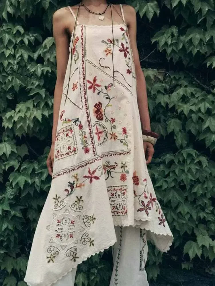 

2025 European and American style summer new women's clothing casual fashion embroidery asymmetric suspender dress long skirt