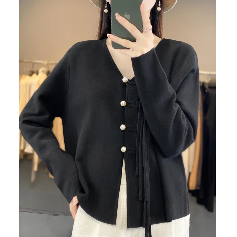 Spring/Autumn New Women's Cardigan Casual Knitted 100% Wool Sweater Round Neck Blouse Ladies Tops Chinese Style Loose Jacket