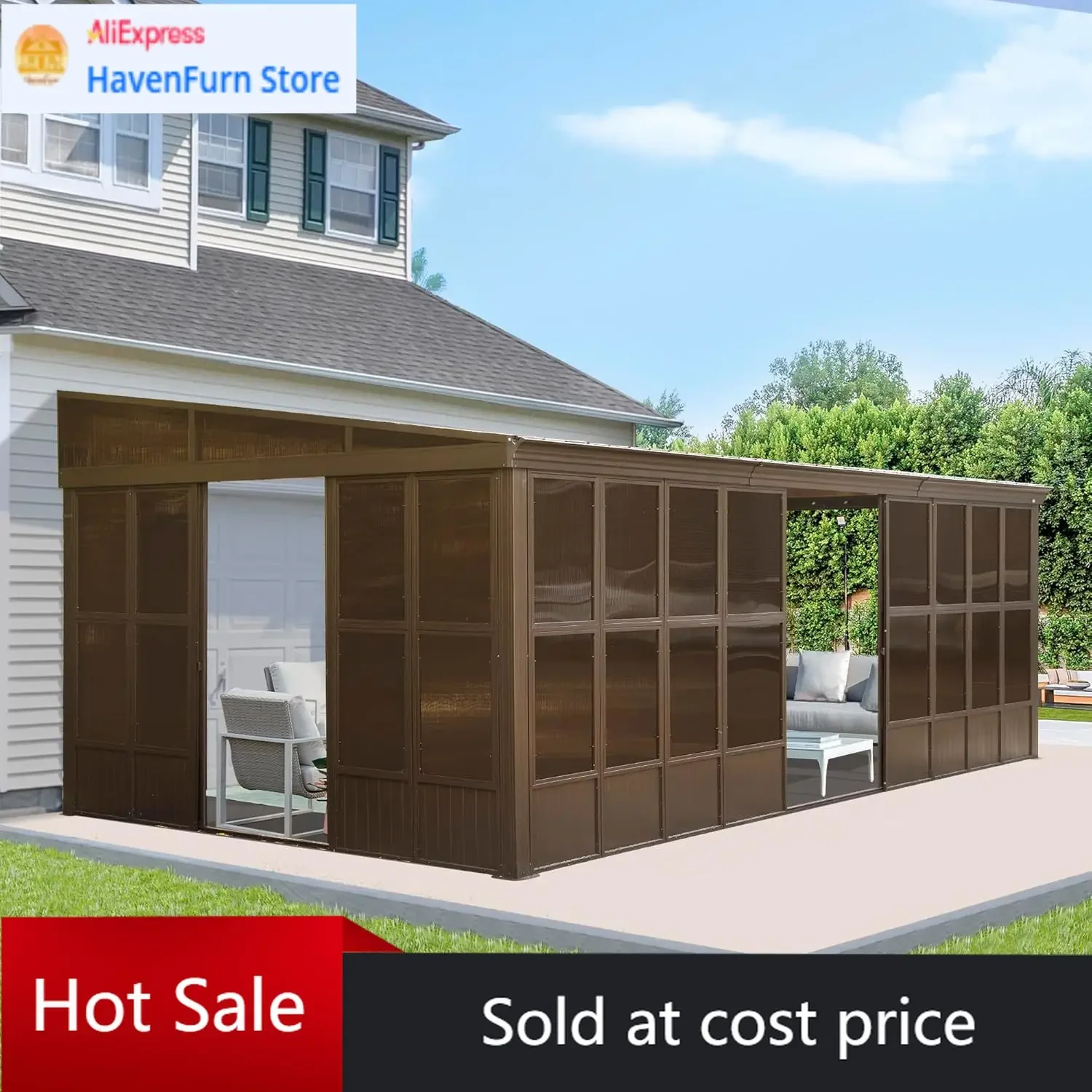 

Навесной солярий Domi 12x20 футов, пристенный, с наклонной крышей из оцинкованной стали, разборный