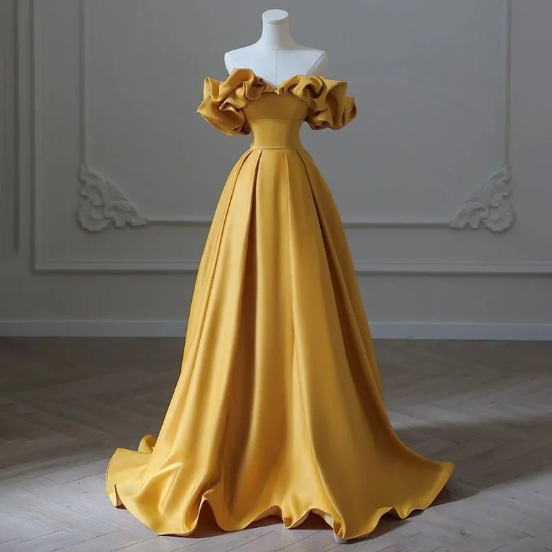 One line shoulder yellow satin light luxury niche Quinceanera birthday temperament banquet host dress