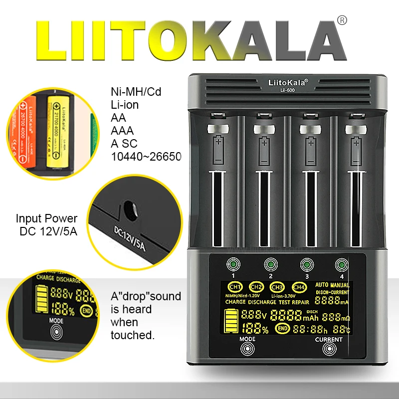 Lii-600 Smart Charger for 18650/21700/26650/AA/AAA/Ni-MH/Li-ion, LCD Display, Fast Charging, 4-Slot Independent