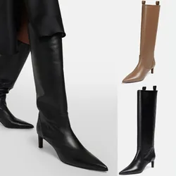 Women's Autumn and Winter New Pointed Slim High Heels Knee High Boots Fashionable Cowhide 34-46 Large Women's Long Boots