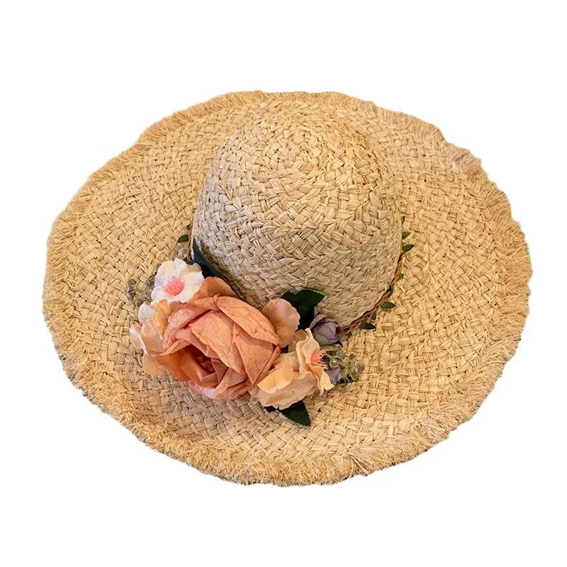 Hand-woven Raffia Sun Hat for Women Forest Straw Flower Wide Brim Summer Bucket Hat Sun Protection Cap Sombreros De Mujer Chapeu