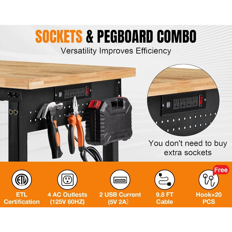 84” Adjustable Height Workbench, 5000 LBS Heavy Duty Table Rubber Wood Workstation with Power Outlet & Pegboard for Garage