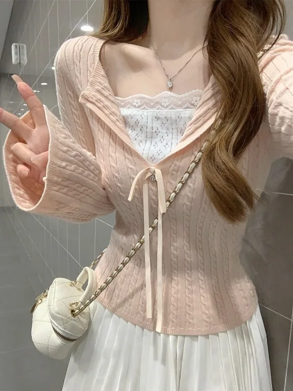 

Pink Knitted Lace Belted Slim Fit Base Shirt Women's Spring 2026 New Style Korean Fashion Long Sleeve Bell Sleeve Top