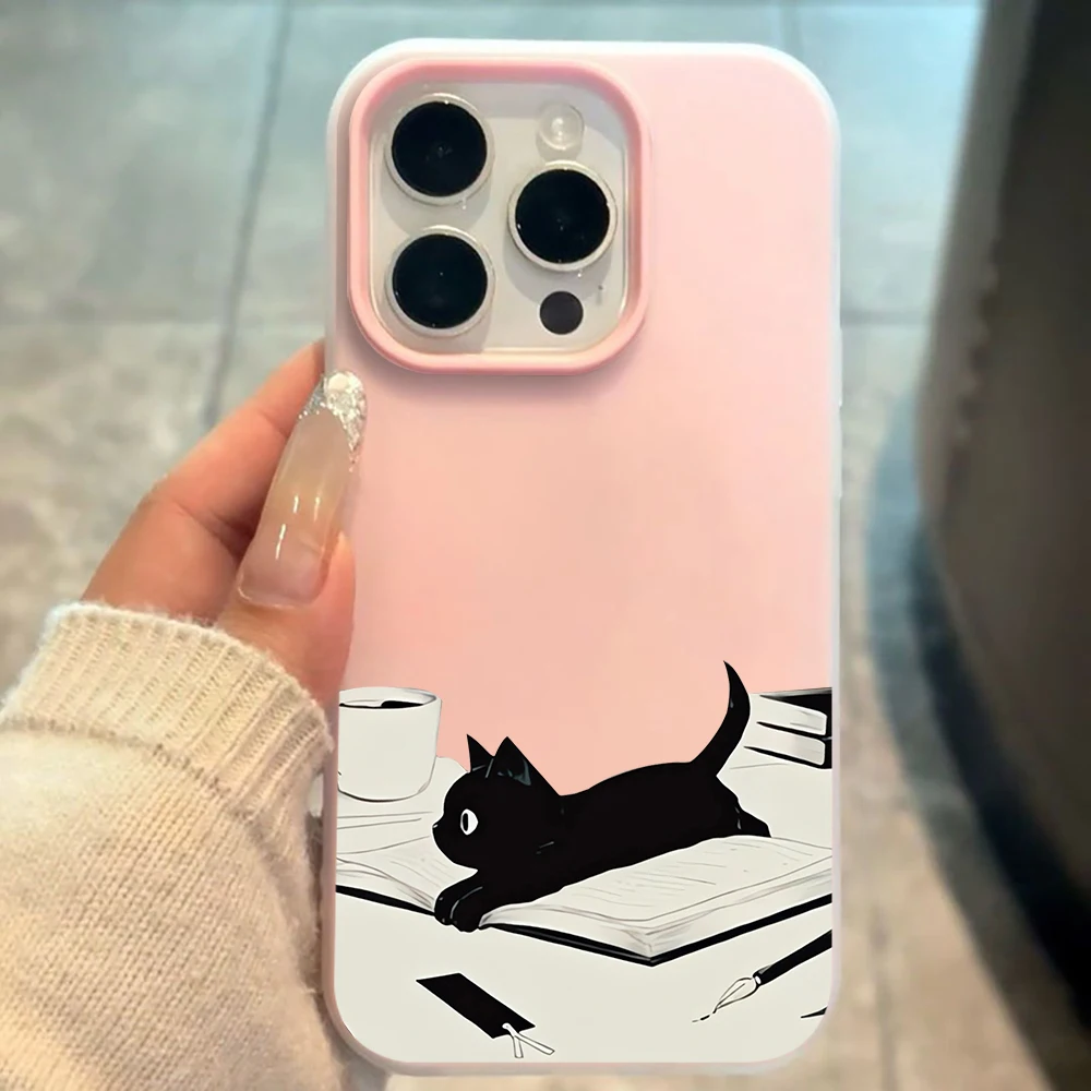 INS Cute Kitty Read Book Phone Case For Redmi 12 13C 14C 15C 5G 13 14 For Xiaomi Redmi Note 14 13 12 11 10 Pro 4G Silicone Funda view 2