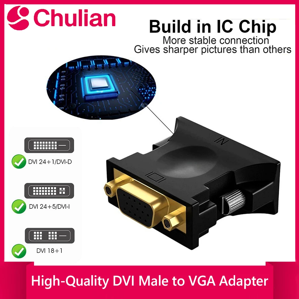Adaptador DVI Macho a VGA de Alta Calidad con IC para una Pantalla Clara, Adaptador DVI-I Macho a VGA Hembra 24+1, Conversor de Video HDTV LCD