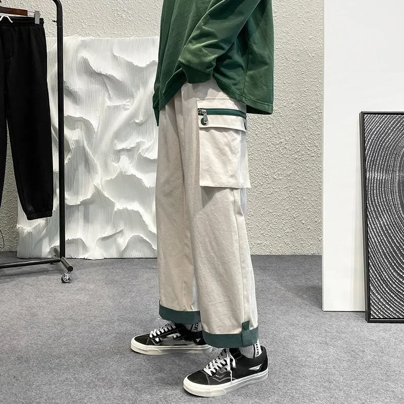 

Мужские черные широкие брюки с контрастными манжетами и карманами на молнии, свободный крой, повседневные уличные брюки