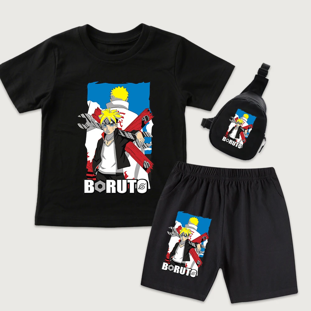 Boruto Anime Print Cotton T Shirt and Shorts Set with Mini Chest Bag for Kids 3 Piece Outfit Boys Girls Casual Wear