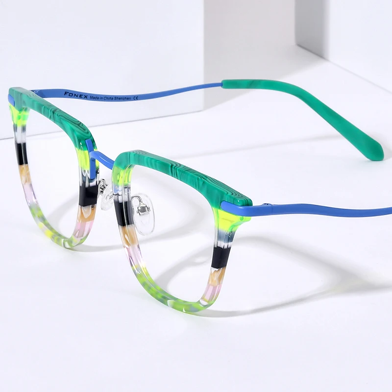 FONEX Colorful Acetate Titanium Glasses Frame Men Square Eyeglasses Women Spectacles Eyewear F85793