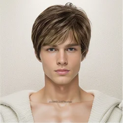 Male Short Layered Wig Synthetic Hair Mix Brown Wigs with Bangs for Men Boy Guys Heat Resistant Daily Casual Party Costume Use